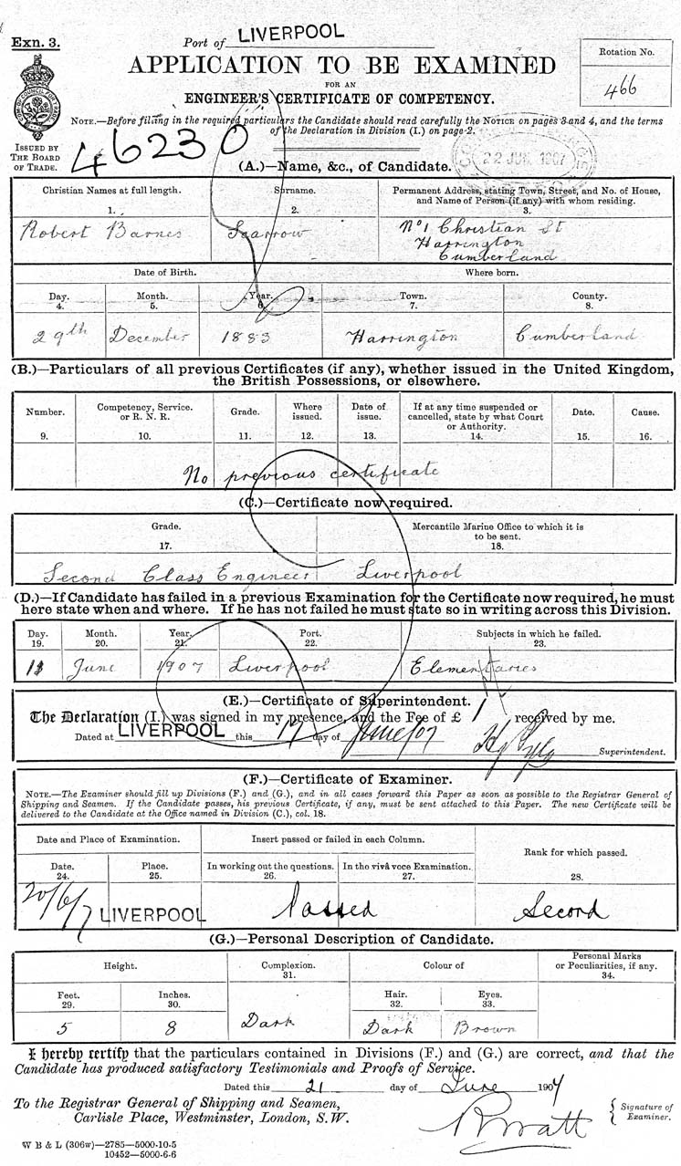 Robert Scarrow Eng 2nd Class Application Form